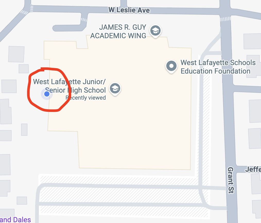 Map showing West Lafayette Junior Senior High School circled in red